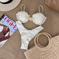 Conjunto de Bikini estilo Push Up, traje de baño Sexy de dos piezas, Bikini de corte alto con Tanga, traje de baño brasileño blanco para verano, ropa de playa 2025