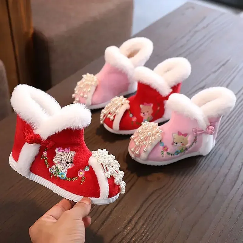 Winter Thicker Hanfu Shoes Baby Girls Children Chinese Embroidered Shoes Infants Warm Hanfu Pink Red Shoes For Kids Girls