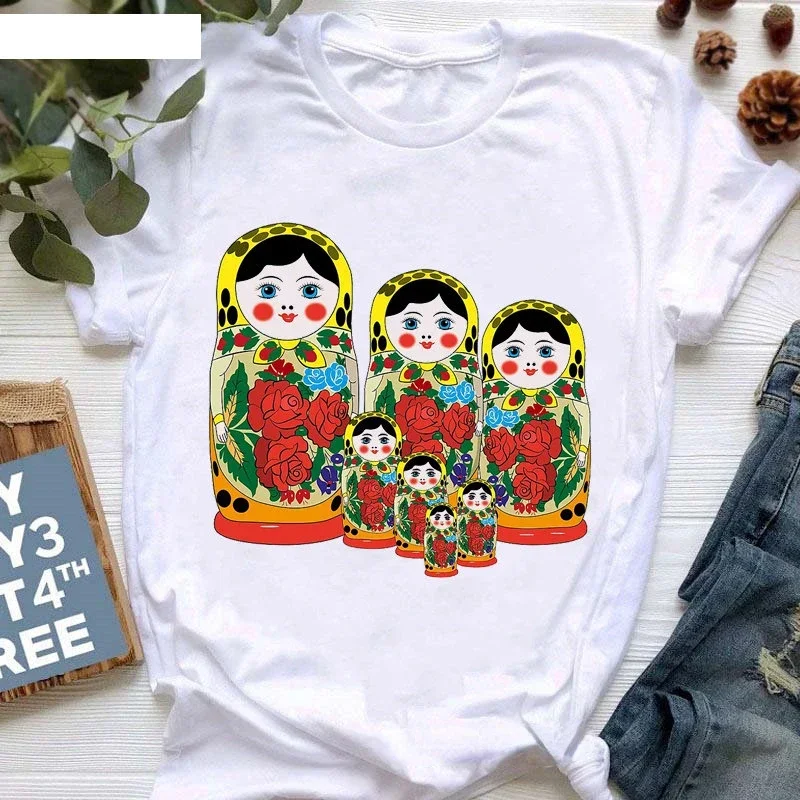 Matryoshka Doll T-Shirt 2023 Śmieszna letnia koszulka z modą Rosyjska lalka T-Shirt Kobiety Biały Casual T-Shirt Kobieta Harajuku Shirt