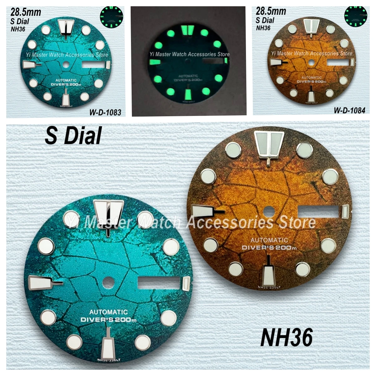 

28.5mm S Logo Diving Dial Fit NH35/NH36/4R/7S Movement C3 Green Luminous FissureHigh Quality Mechanical Watch Modification Acce