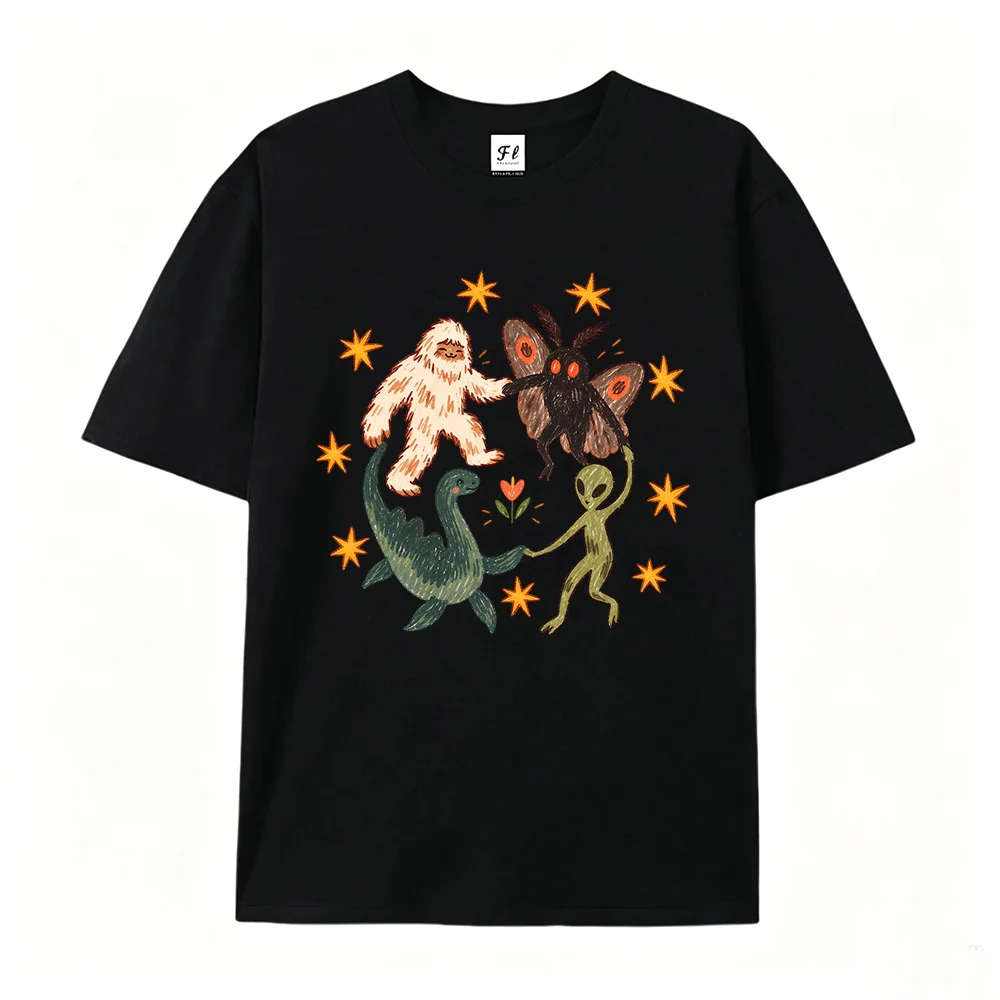 Vintage Cryptid Friends Graphic T-shirt Bigfoot Mothman Nessie Alien Dance Cartoon Print Unisex Casual Cotton Short Sleeve Tee