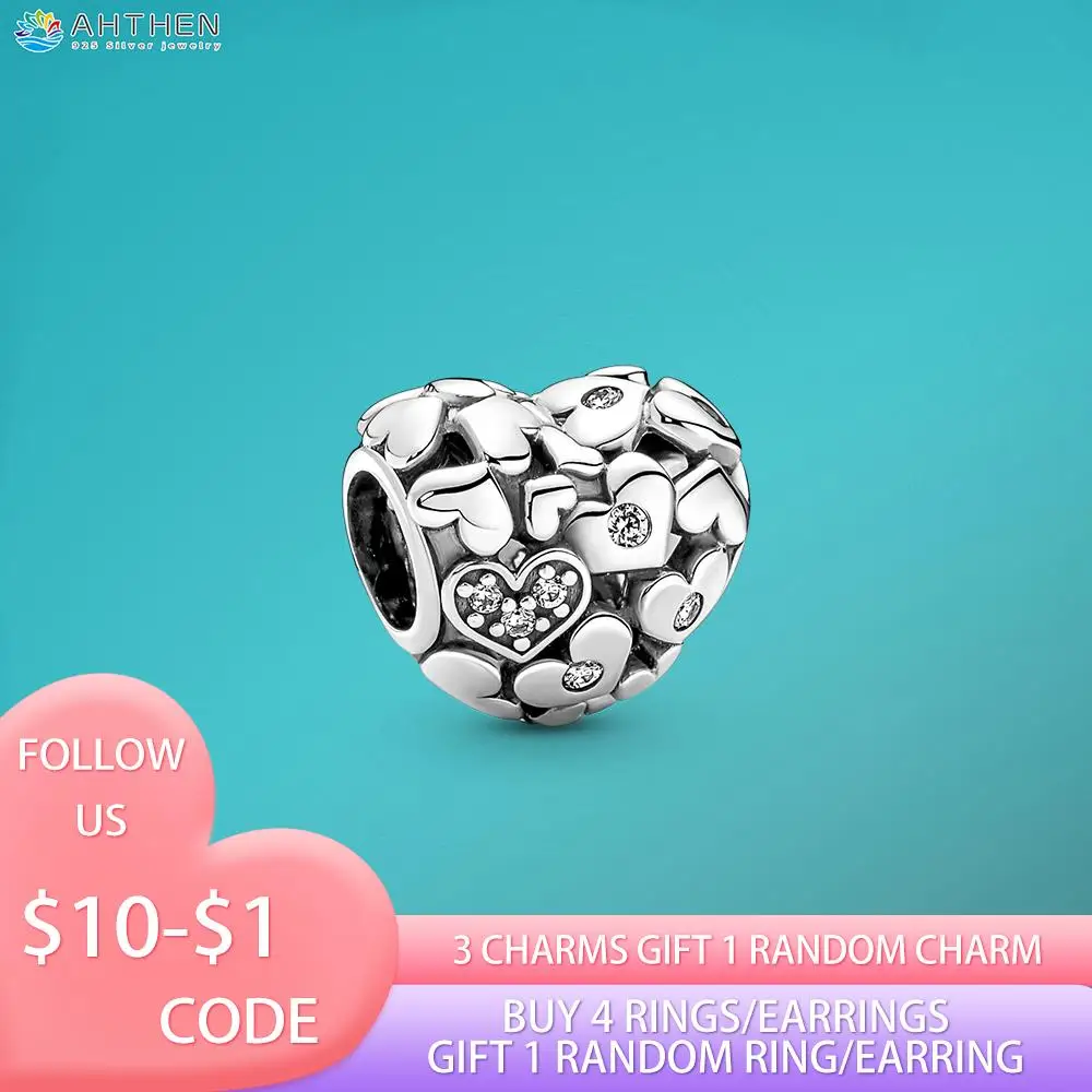 Ahthen 925 Sterling Silver Beads Sparkling Openwork Heart Charms fit Original Pandora Bracelets or Necklaces Women DIY Jewelry