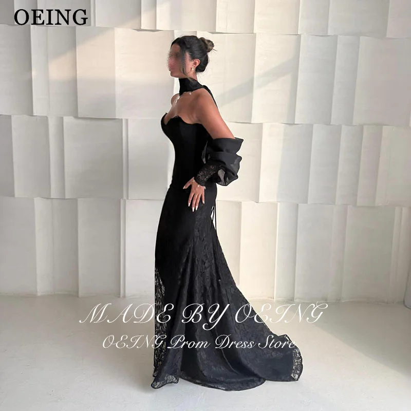 OEING elegante vestido de fiesta negro de sirena de encaje sin tirantes sin mangas vestidos de fiesta hasta el suelo vestido de noche personalizado