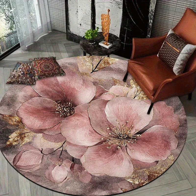 A Romantic Round Rug with a Floral Design in 2D, Lightweight,, And Machine Washable, Perfect for Home Decor. Its Vintage Floral Style Creates an Elegant And Gentle Atmosphere, Suitable for The Living Room, Bedroom, Hallway, Stud
