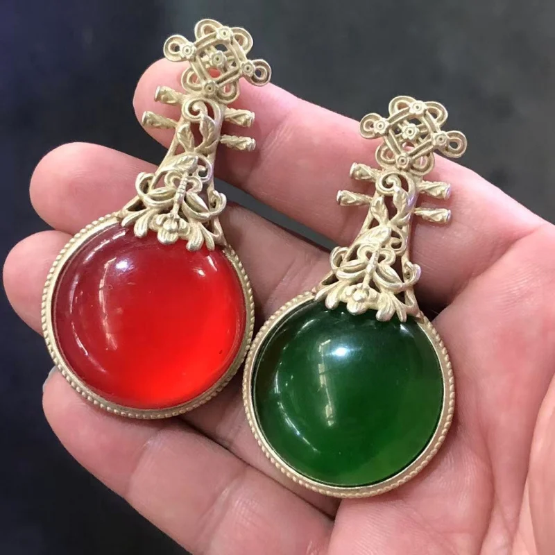 White Copper Silver-Plated Pipa With Red And Green Gemstones, Long Tassel Sweater Chain, Women'S Pendant, Item