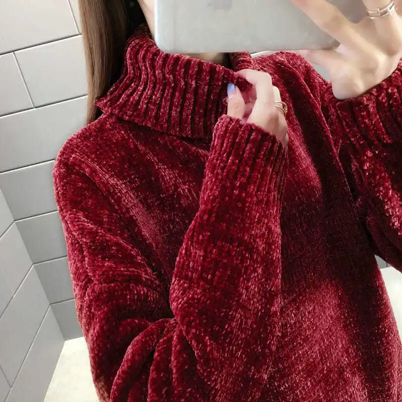 Chenille Turtleneck Sweater Women Autumn And Winter 2023 Fashion New Loose Solid Color Long-sleeved Pullover Knit Top