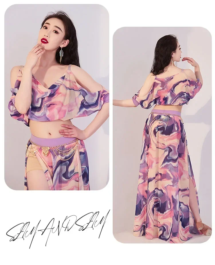 Traje de danza del vientre para mujer, Top estampado de manga corta, falda dividida, conjunto de ropa de práctica, ropa de actuación elegante para verano 2023