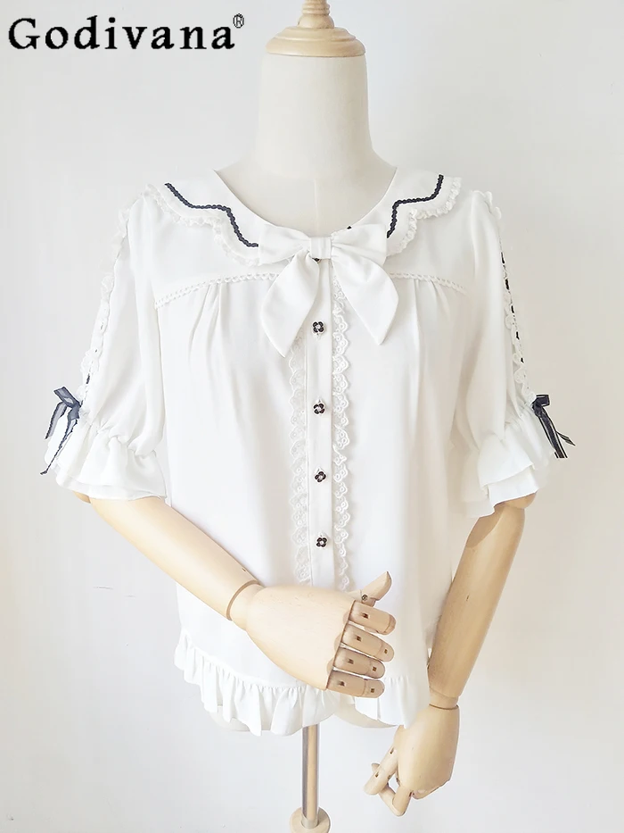 

Original Japanese Lolita Chiffon Short Sleeve Shirt Girly Sweet Cute Bow Lace-up Ruffles Inside White Blouses Women Fashion Tops