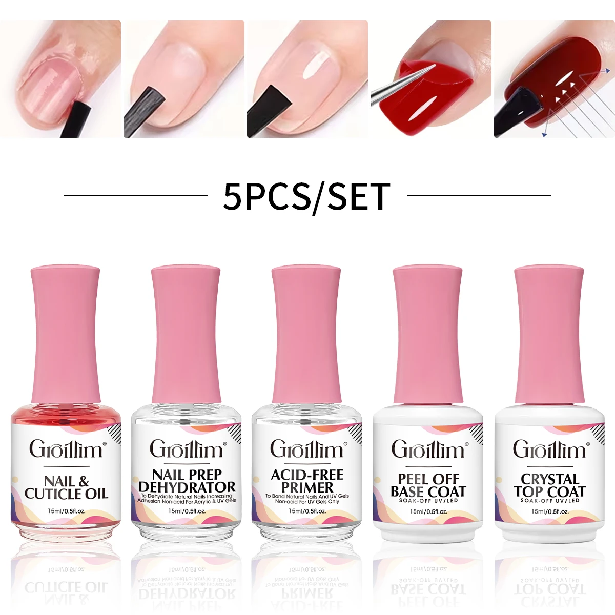 

Набор Groillim: 5 флаконов снимаемого базового геля + топ-покрытие + балансирующая жидкость + адгезив + питательное масло (аромат клубники) - Long