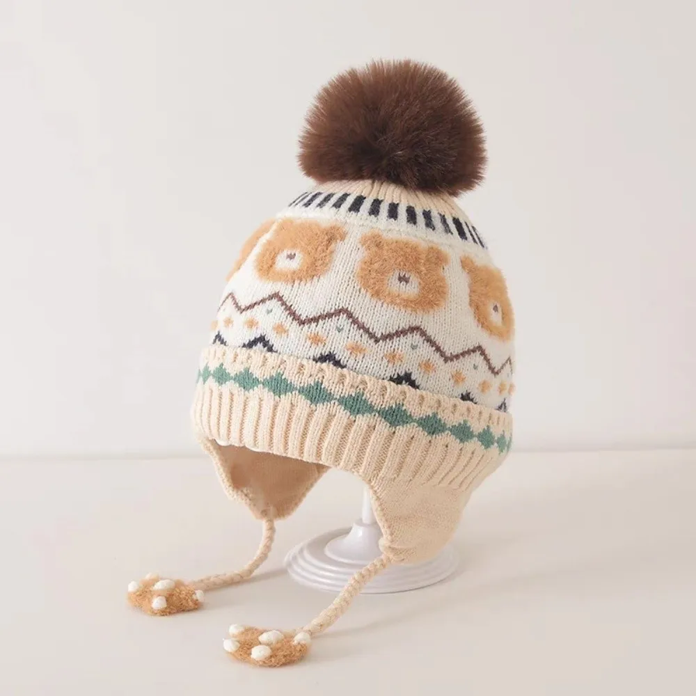 

New Pompom Warm Hat Windproof Knitted Beanie Cap Cold Proof Ear Protection Hat Kid