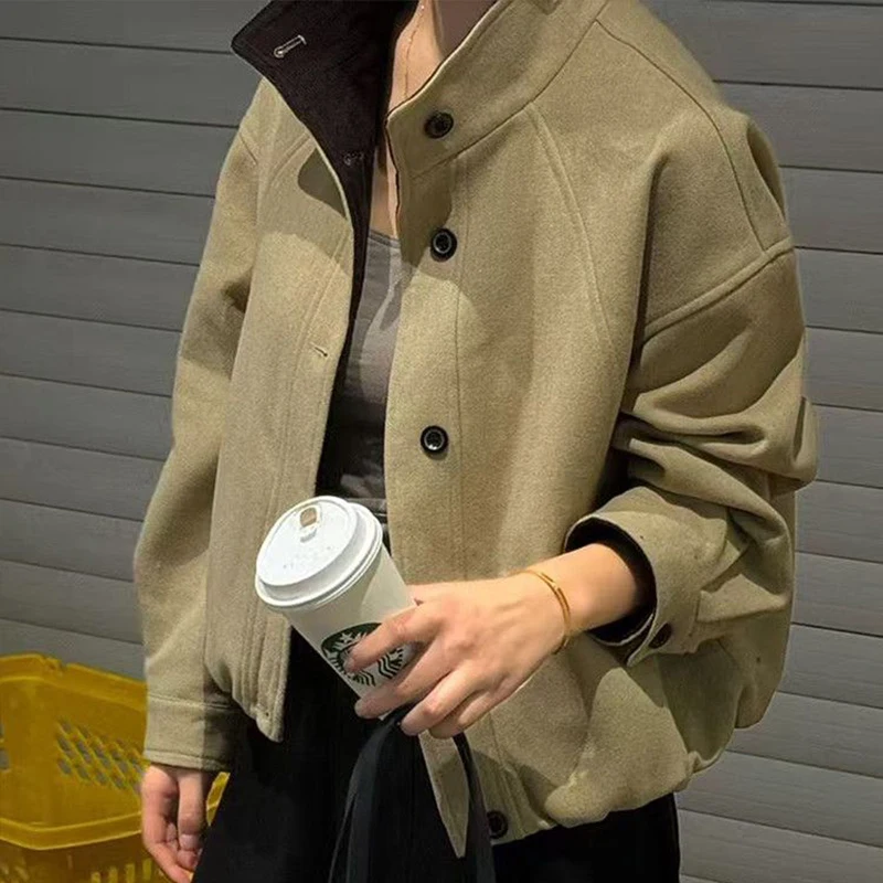 Oversized Faux Suede Jacket Women High Stand Collar Single Button Drop Shoulder Elastic Hem Loose Short Casual Outerwear