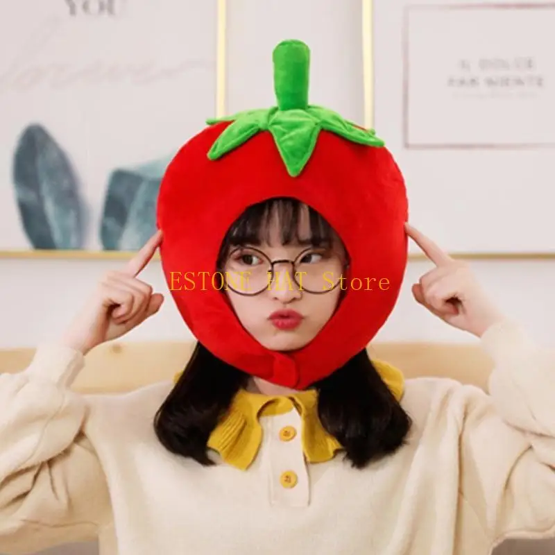 49MF Lovely Tomato Plush Hat Funny Fruit Stuffed Headgear Warm Earflap Performance Cosplay Party Photo Props