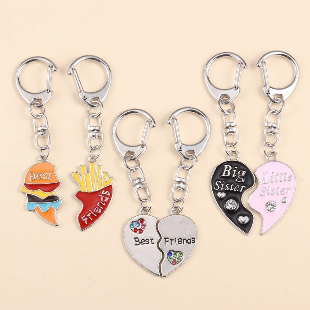 2Pcs/Set Best Friend Keychain Cute Love Heart Stitching Pendant BFF Friendship Key Chain Female Car Key Bag Jewelry Accessories