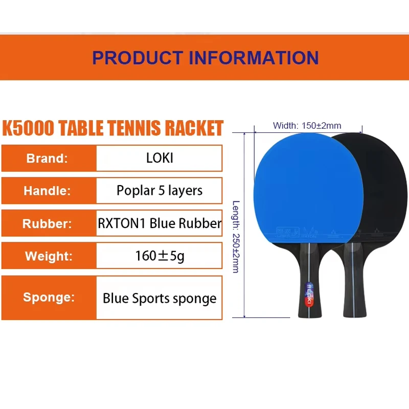 2pcs LOKI K5000 Table Tennis Racket Set Double Sticky Rubber 5-Ply Poplar Wood Blade Portable Ping Pong Rackets With 2 Balls