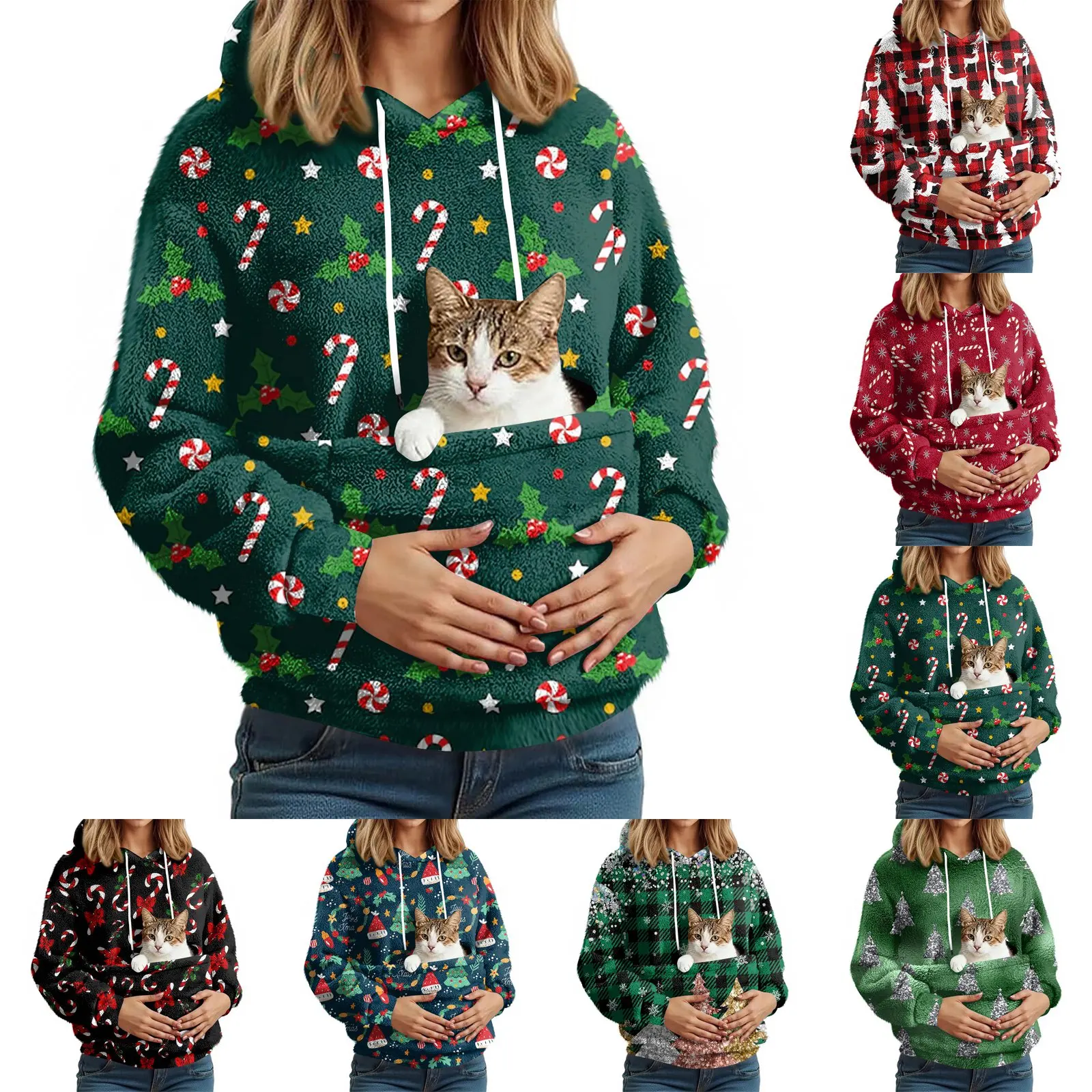 여성용 패셔너블 캐주얼 플리스 안감 긴 소매 포켓 후드 프린트 스웨트셔츠 여성 의류 겨울 의류 여성