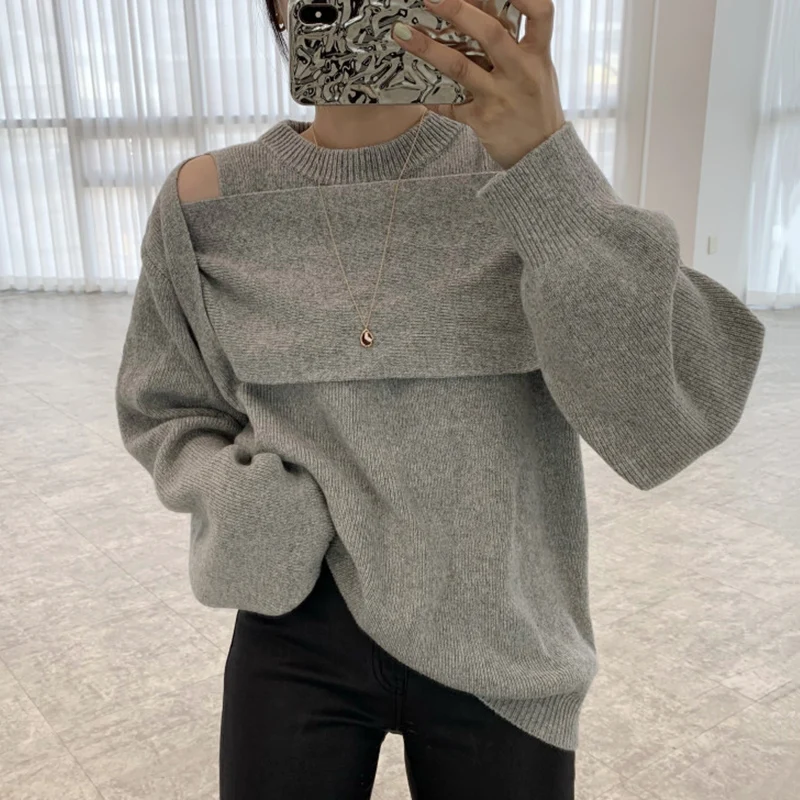 Women\'s Grey Gothic Pullover Knitted Sweater Harajuku Korean 90s Y2k Long Sleeves Jumper Striped Sweaters Vintage 2000s Clothes