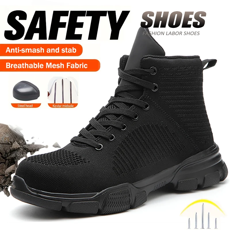 Men Safety Boots Black Steel Toe Work Boots High Top Security Protection Shoes Puncture-Proof Work Sneakers Safety Shoes Man