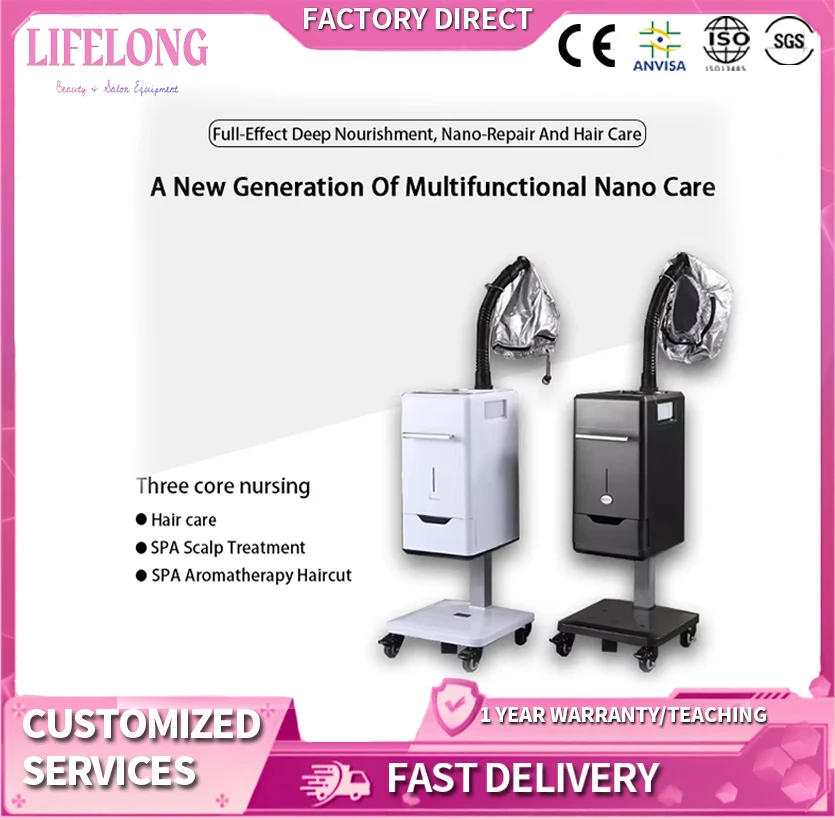 

Professional Ionic Nano-Mist Steam Machine for Hair Salon SPA with Baking Oil Negative Ion Hydrating Cap Bonnet Oxygen Therapy