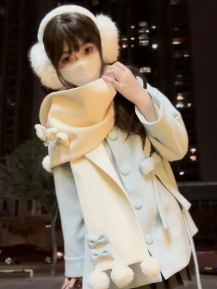 2025年冬新作 ベア柄スカーフ付き 雰囲気のある和風 ソフトガール ミドル丈 ウールコート 甘くて可愛いセット レディースファッション