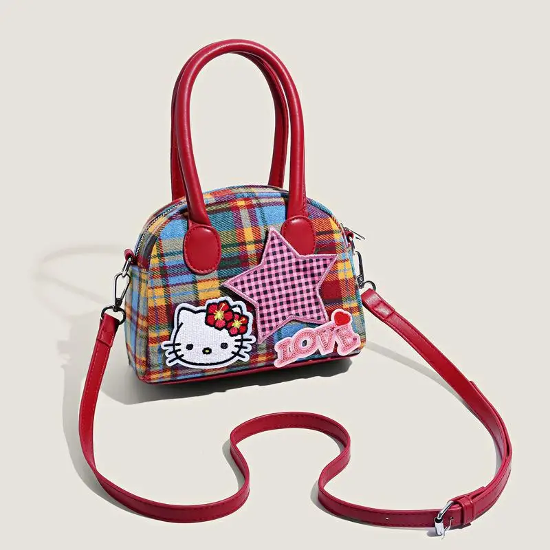 Hello Kitty tas selempang kotak-kotak wanita, dompet koin selempang bintang kecantikan tinggi kartun modis Sanrio sangat indah