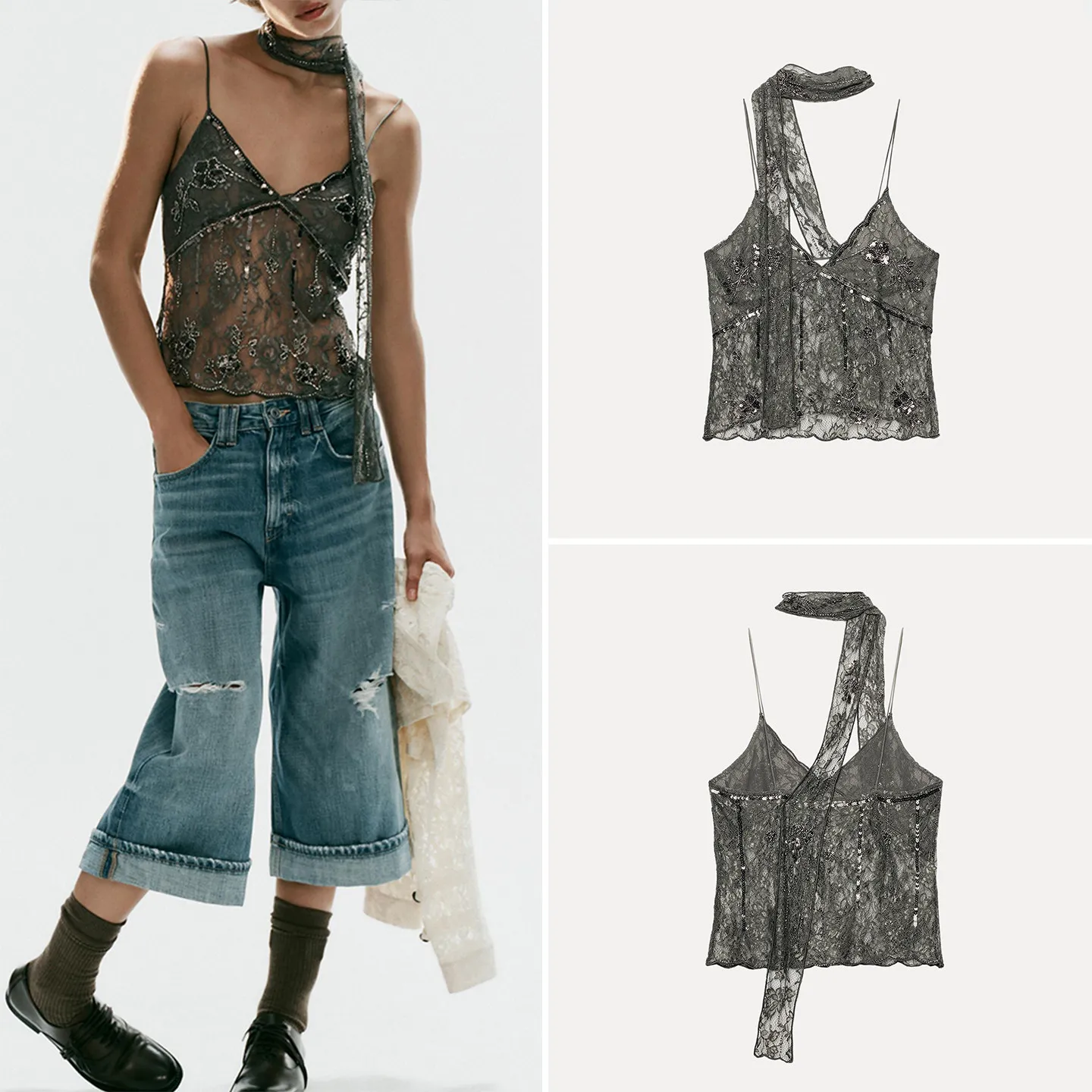 Fashionable Lace Embroidery Scarf Top Women's Slim Fit V-Neck Outerwear Regular Length Sleeveless Summer Autumn Season