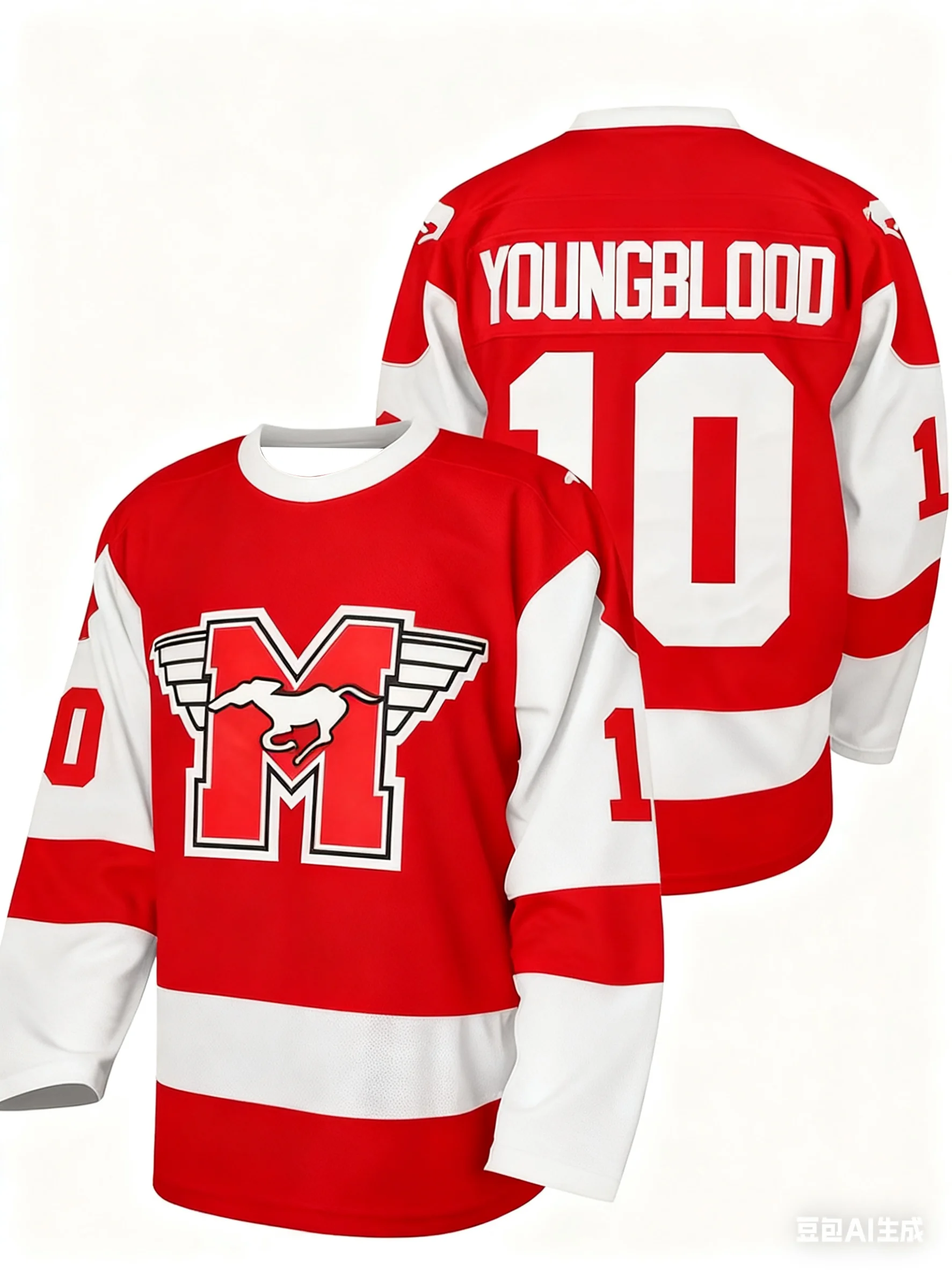 

"Youngblood 10" Hockey Jersey - Red & White with "M" & Horse Logo Stylish Athletic Fan Jersey