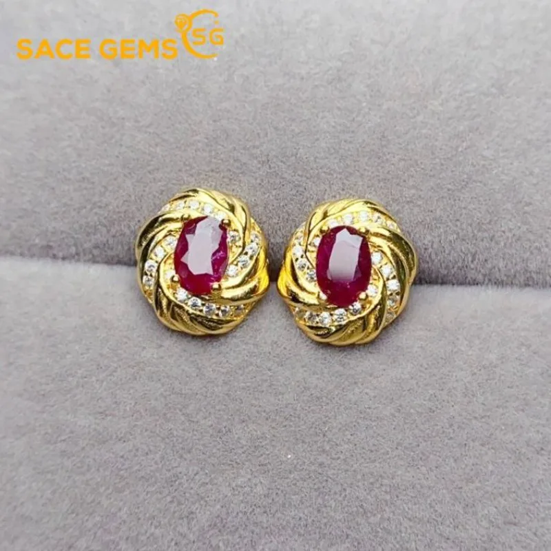 

SACE GEMS Fashion Drop Earrings for Women 925 Sterling Silver 4*6MM Natural Ruby Stud Earrings Wedding Party Fine Jewelry Gift