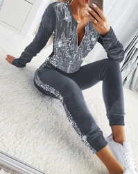 Women's Fashion Suits 2024 Summer Autumn Latest Round Neck Velvet Contrast Sequin Zipper Long Sleeve Coat & Skinny Pants Set