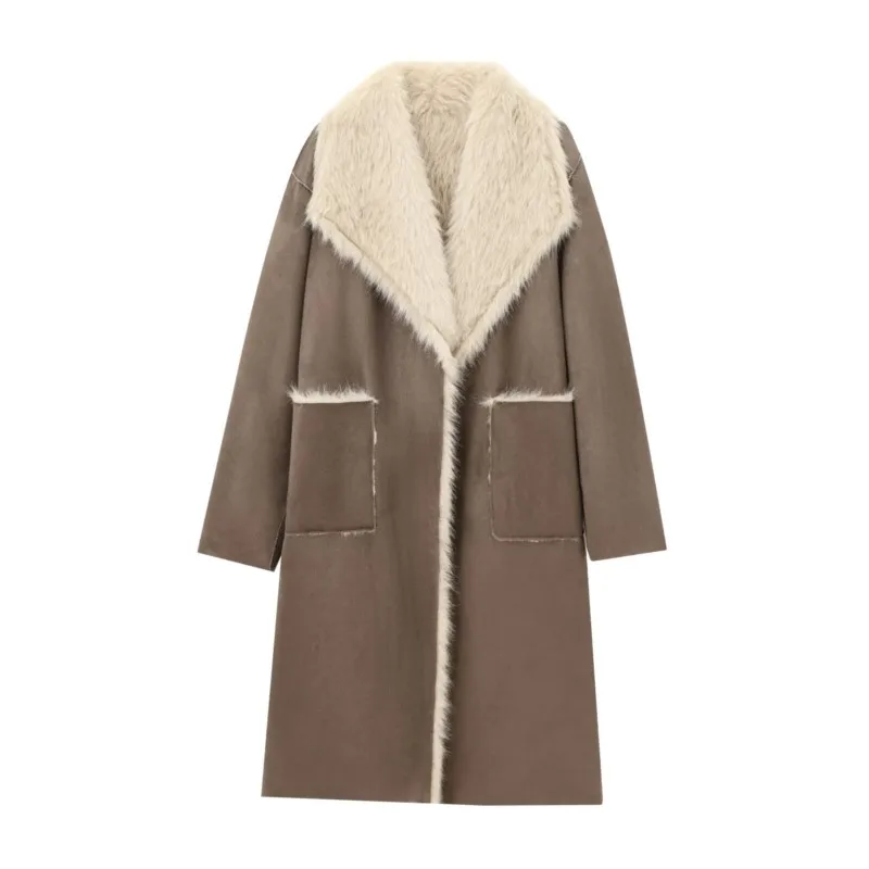 

TRAF Women Fur Overcoat With Double Lapels Fashion Autumn Lapel Long Sleeve Women Coat Pocket Decoration Female Top