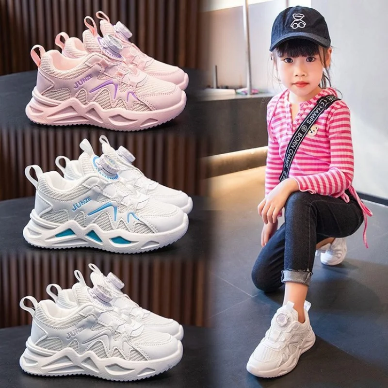 Girls' Sports Shoes Spring and Autumn Children's Fashion White Shoes Medium and Large Children's Rotating Button Soft Bottom Boy