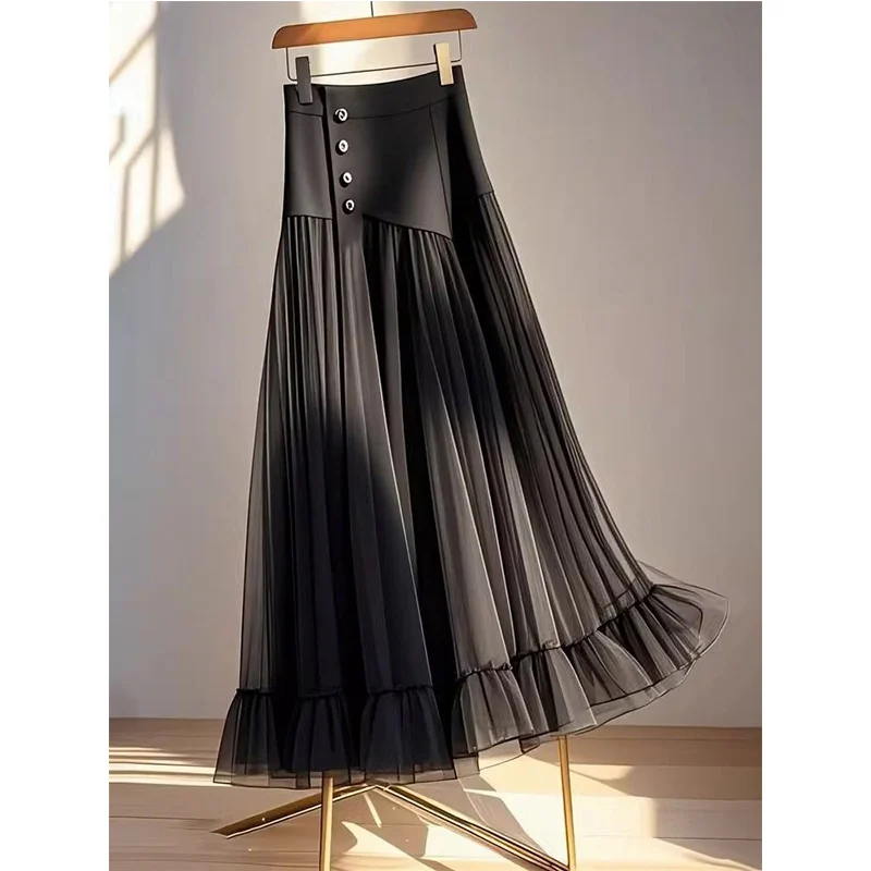 

Spring Autumn New Oversized A-line Skirt Ladies Temperament Patchwork Net Yarn High Waist Pleated Skirt Women Skirt JJ967