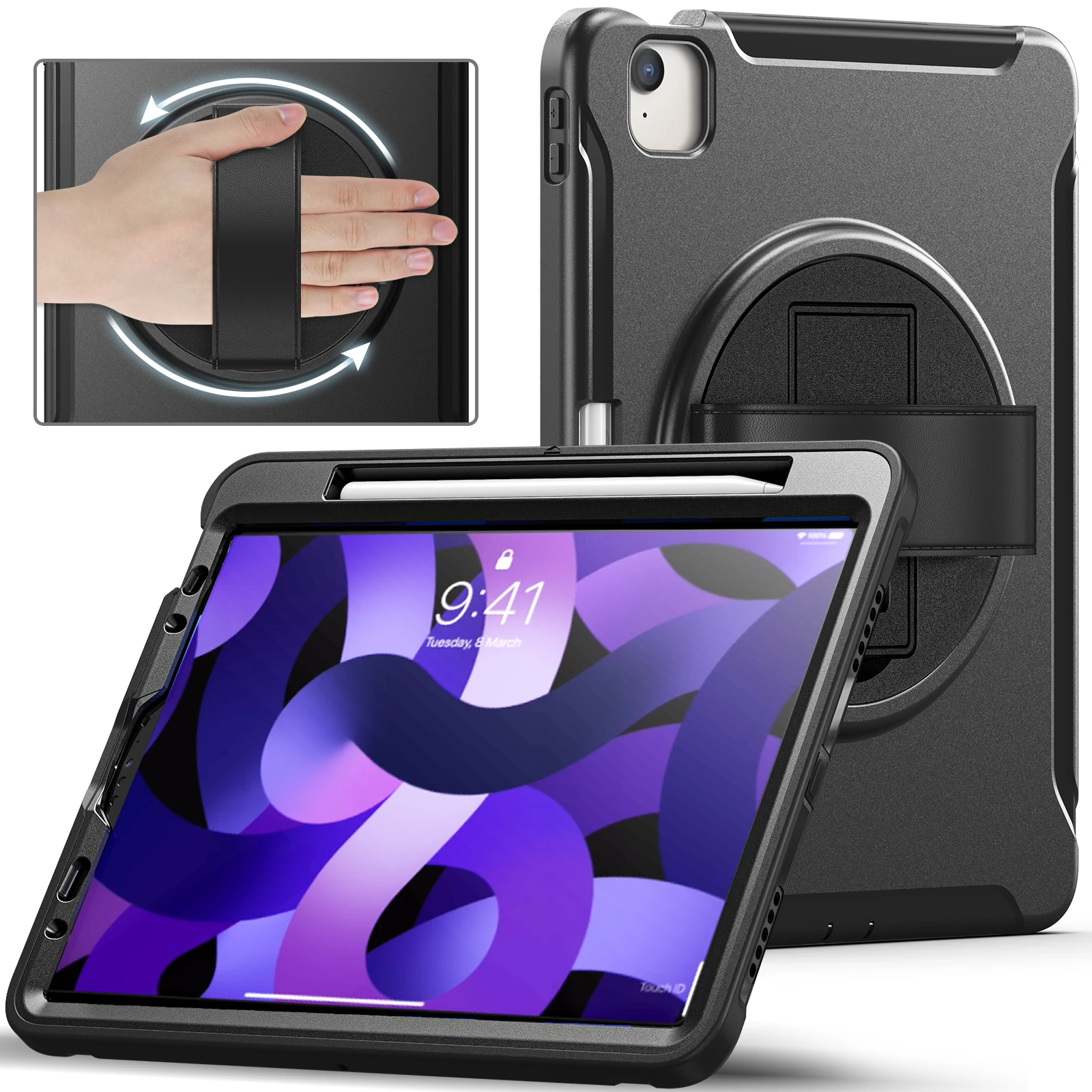 

For iPad Air 11 2024 Air4/5 10.9 inch Pro11 2021 2020 2018 Kid safe Shockproof PC+TPU material 360 degree rotating strap cover