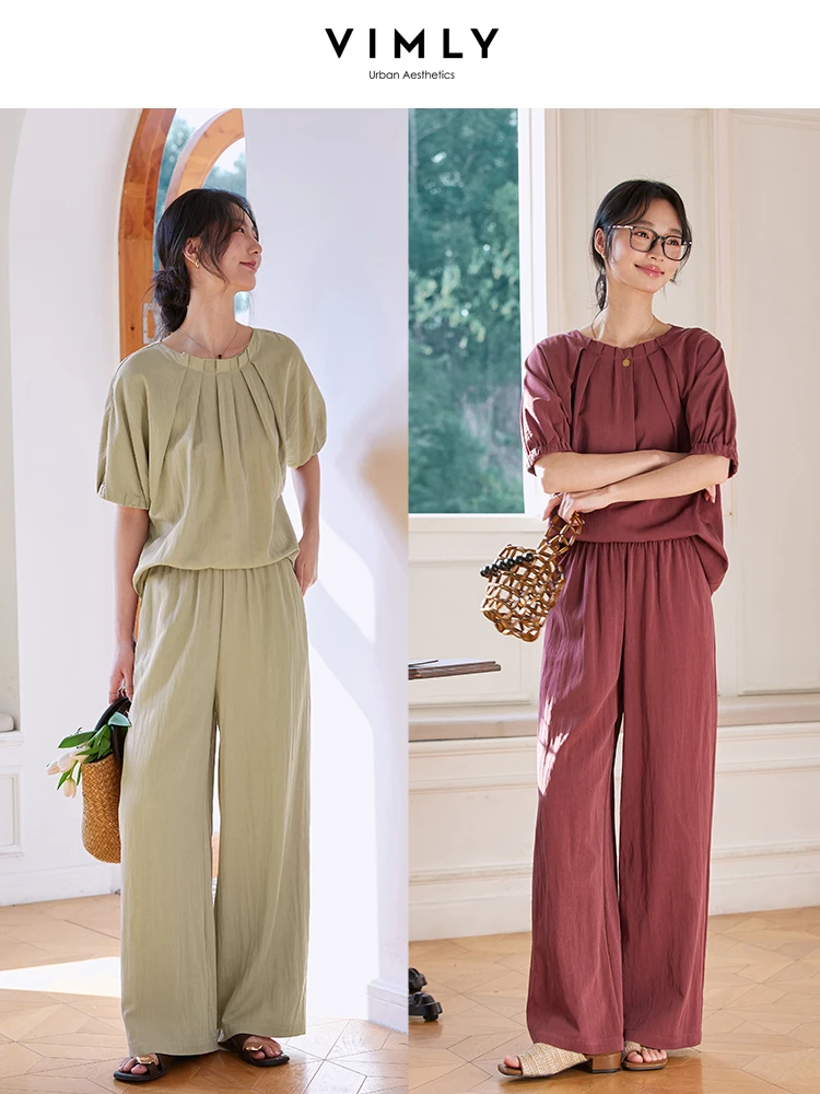 

VIMLY 2 Pieces Pant Set for Woman Outfits 2025 Summer Women's Suit Short Sleeved Blouse Wide Leg Pants New in Matching Set M9881