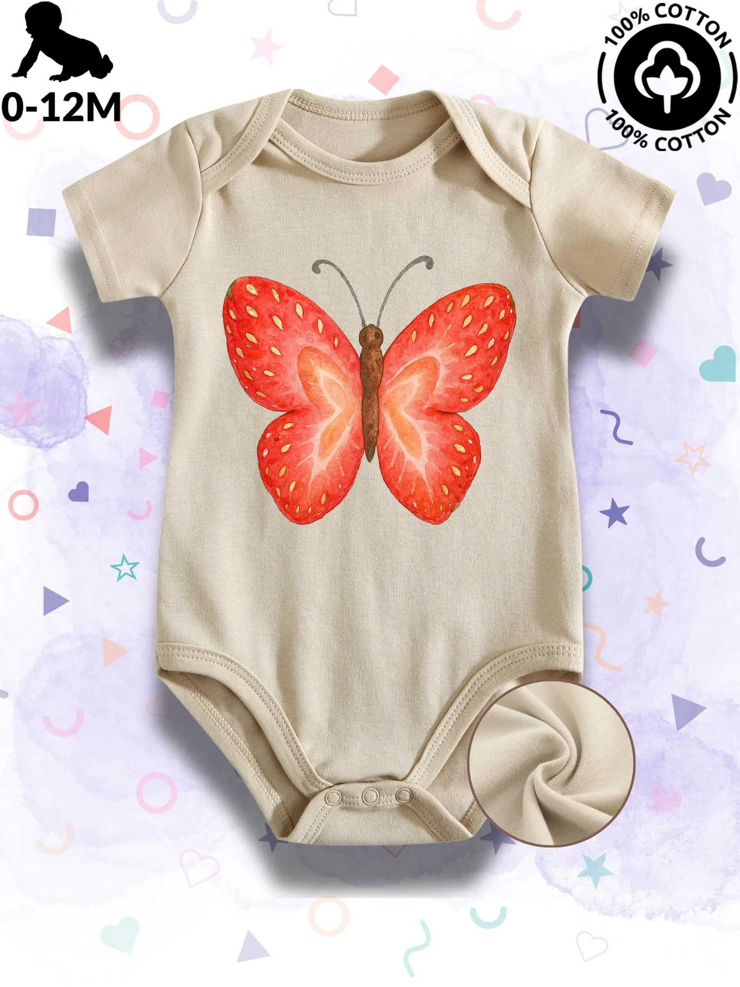 

Детский комбинезон-боди унисекс с акварельным принтом клубники и бабочек, 100% хлопок, мягкий, всесезонный, бежевый, для ползания, 190 г/м²