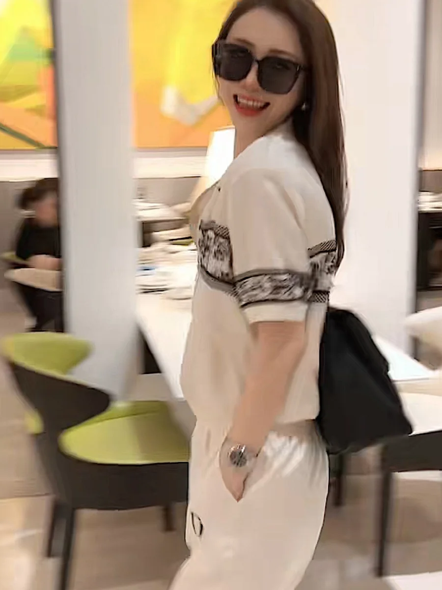 Franse Dames Casual 2-delige sets Cool Ice Zijde Comfortabele zomer Rits Jas met korte mouwen Jas en joggingbroek Losse sport