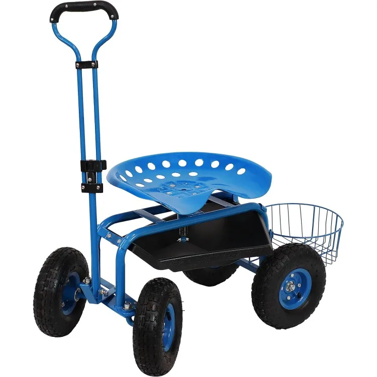 Garden Seat with Wheels - Rolling Garden Stool with Extendable Steer Handle, Swivel Seat and Utility Tool Tray - Blue