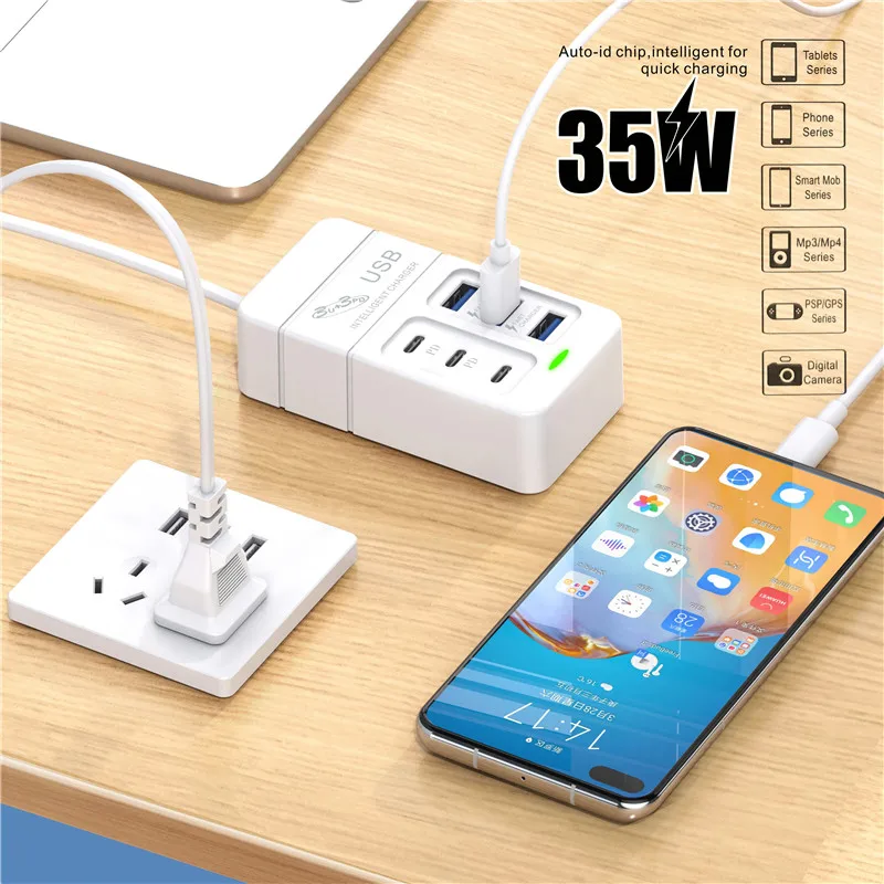 6 Ports 35W Fast Charging Charger 3 USB 3 Type C Desktop Multifunction Power Charger Adapter For Home Office School Travel Room