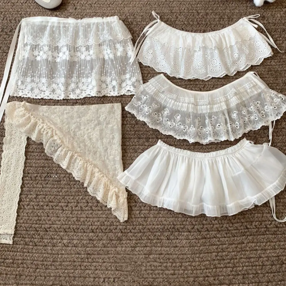 Rok Mini Renda Manis Lembut Rok Kasa Pinggang Tinggi Bunga Rok Tepi Ruffle Bertali Gaya Korea Wanita