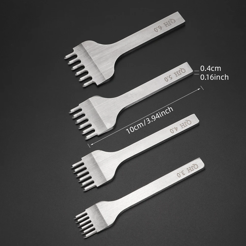 QJH 4 قطع من أدوات الخياطة الجلدية المصنوعة من الحديد الماسي - حدد تباعد الشق 3 مم 4 مم 5 مم 6 مم (1 + 2 + 4 + 6 شوكات)