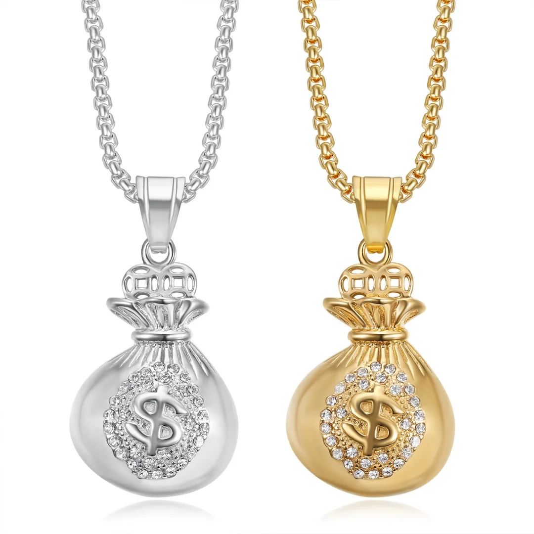 

Hiphop Iced Out Dollar Signs Moneybag Pendant Gold Silver Color Stainless Steel Wealth Money Necklace for Woman Man Jewelry Gift