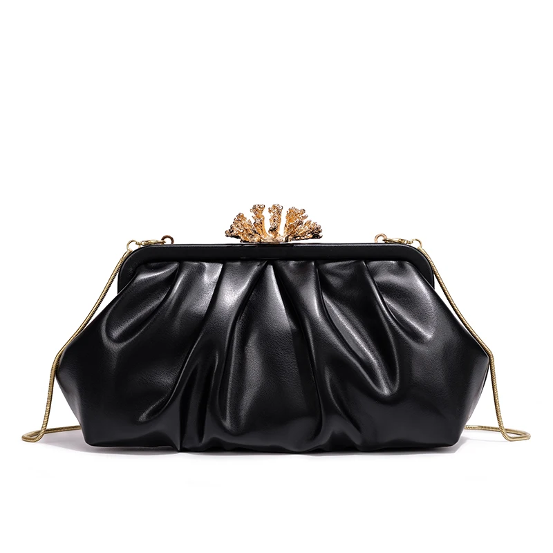 Luxury Black Leather Clutch Bag with Pleated Knot Gold Floral Metal Clasp And Chain Strap for Women Evening Handbag Party Weddin