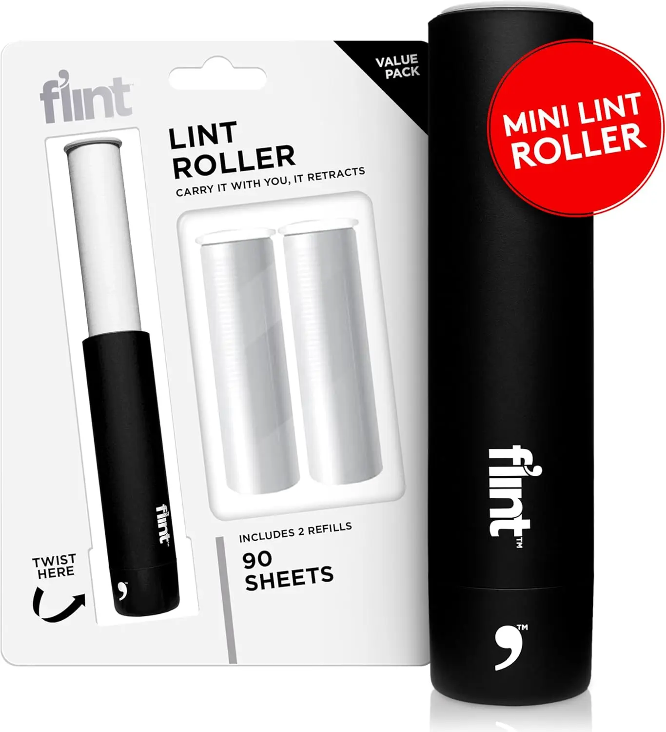 

Classic Black Retractable Mini Lint Roller with 90 Extra Sticky Sheets, Portable Pet Hair Remover for Travel