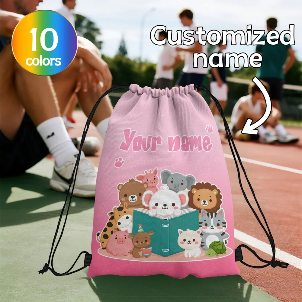 Custom Name Cute Animals Reading Drawstring Backpack Personalized Cartoon Animal Book Sackpack Kids School Gym Drawstring Bag