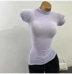 투명 반팔 하프 하이 칼라 티셔츠, 섹시한 큰 가슴 티셔츠, 슬림핏 신축성 있는 단색 내부 보터밍 티셔츠