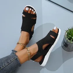 Letnie sandały damskie w jednolitym kolorze z siateczki Casual Fish Mouth Sports Beach Flat Shoes Flying Woven Roman Sneakers Light Zapatos Mujer