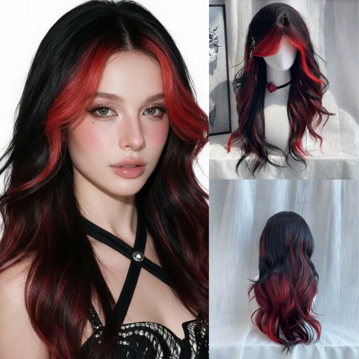 Synthetic Long Wavy Black Ombre Red Highlights Wig With Middle Spilt Bang For Women Cosplay Daily Halloween Party Heat Resistant