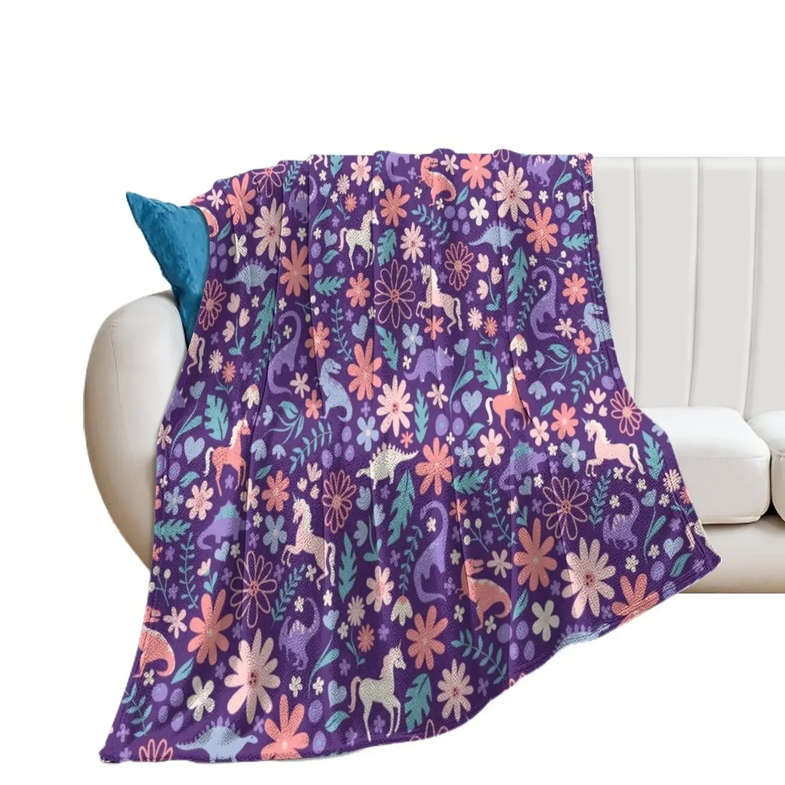 

Dinosaurs and Unicorns on Purple Throw Blanket christmas gifts Cute warm winter Blankets