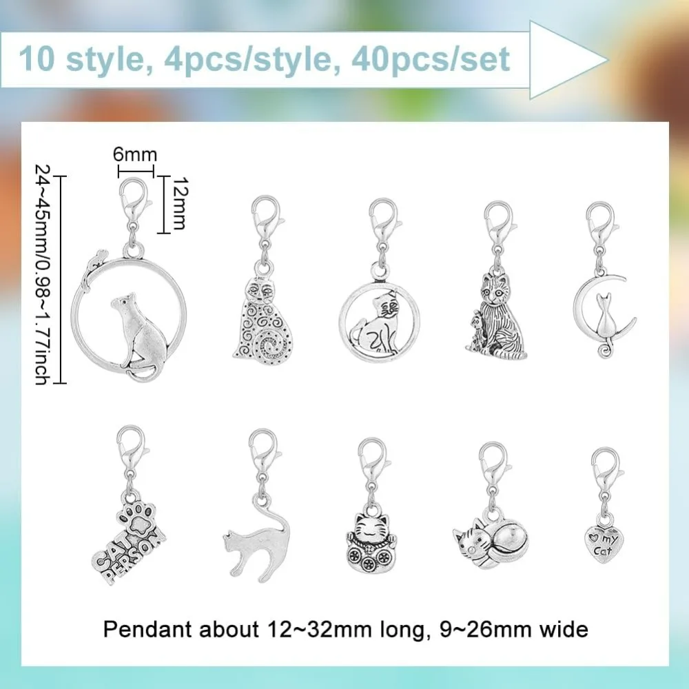 40 Pcs 10 Styles Cat Zipper Pull Charm, Cute Kitten Alloy Zipper Pendant Heart Lucky Cat Zipper Pul Puller Decoration