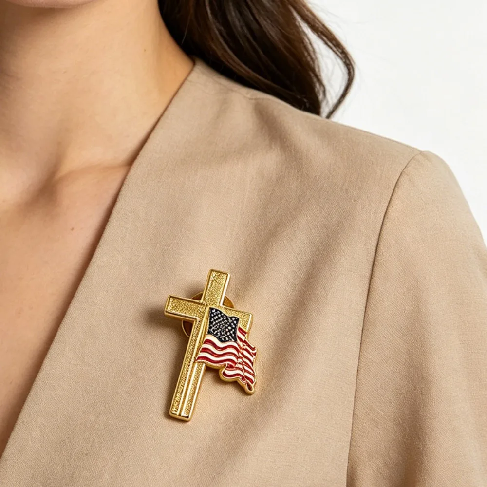 2pcs Cross American Flag Enamel Lapel Pins, Patriotic Religious Faith Cross Badge Pins, USA Flag Brooch for Jacket Backpack Hat