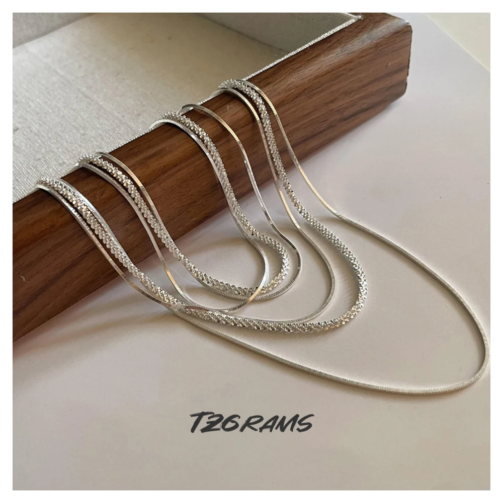 925 Real Silver Multilayer Square Snake Bone Splicing Simple Necklace Elegant Creative Fine Jewelry Gift